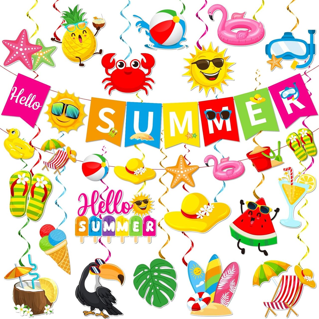 Summer Party Decorations, Beach Party Decor Includes Hello Summer Banner Beach Hanging Swirls and Garland, Summer Decorations for Office Classroom, Pool Decorations